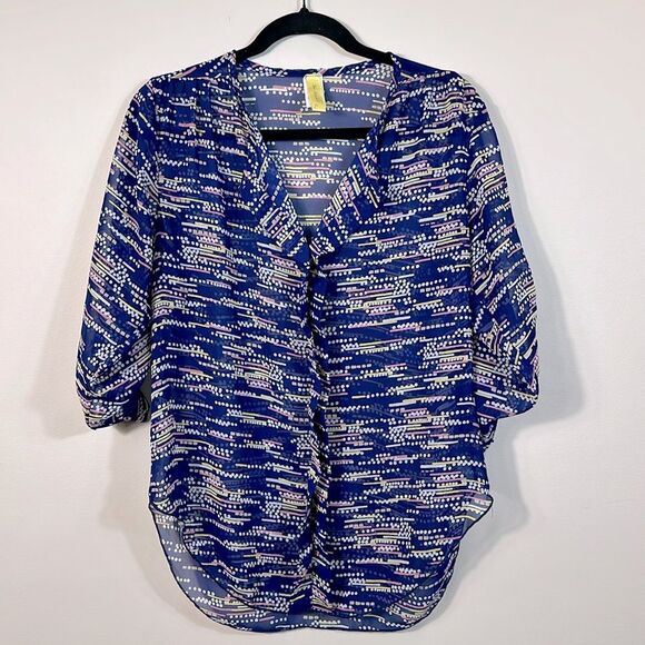 Bee Stitched Sheer Tunic Blur Yellow Pink Patterned Top Women Size Small - Picture 1 of 9